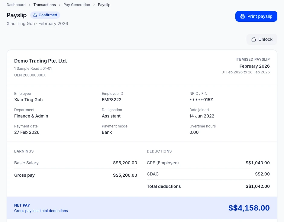 An itemised Payro payslip showing basic salary, employee CPF, CDAC and net pay